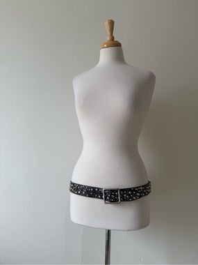 Express Y2K Genuine Leather Studded Belt | Black Silver | M
